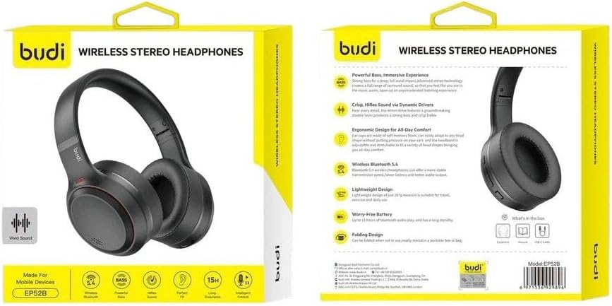 Budi Wireless Stereo Headphones Bluetooth 5.4 Foldable Built-in Microphone EP52B