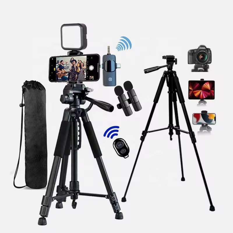 57'' Tripod Stand foldable 3 in 1 Wireless Microphone LED Light professional Video Vlogging Kit for YouTube TikTok instagram Starter Phone Camera Live Recording