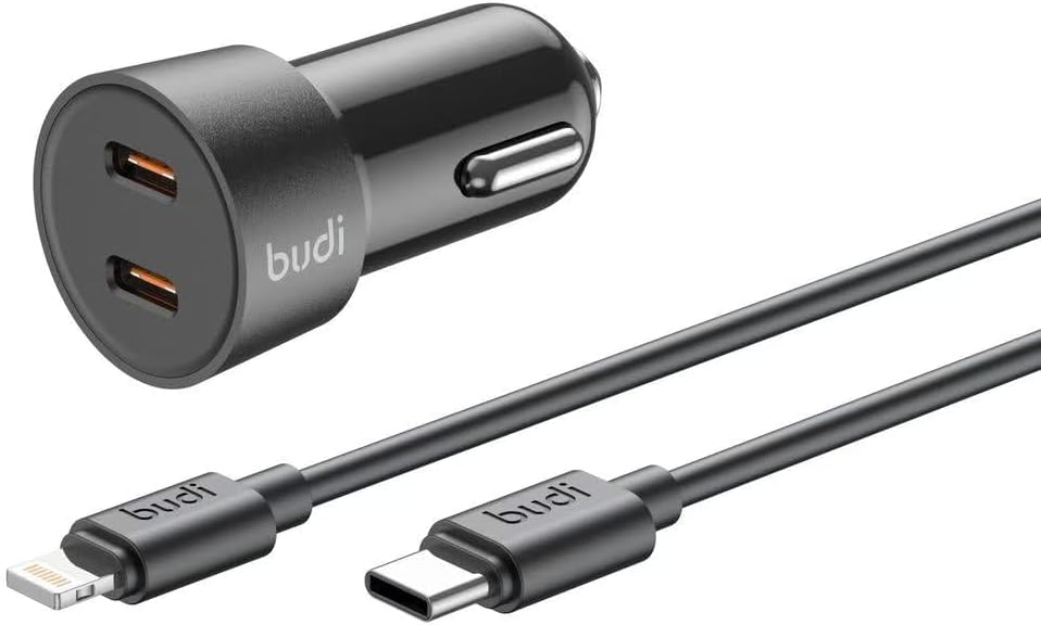 Budi Mini Car Charger PD 33W Fast Charger with 2 x USB-C Port and 1.2m 8Pin Cable
