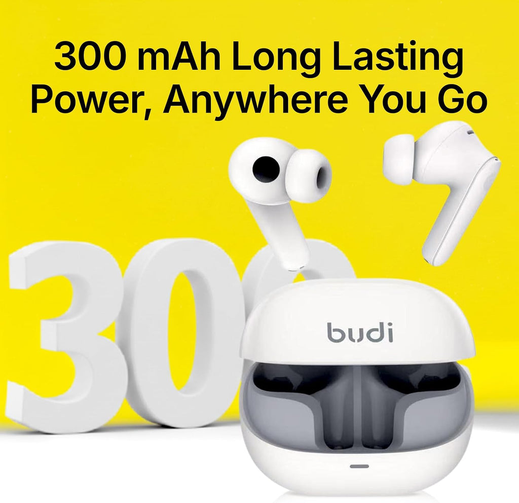 BUDI Noise Cancelling True Wireless Earphones - Adaptive ANC up to –25dB - Bluetooth 5.0 | Powerful Bass & Pure Sound - Touch Control | Charging Case - Compatible with iOS & Android – White