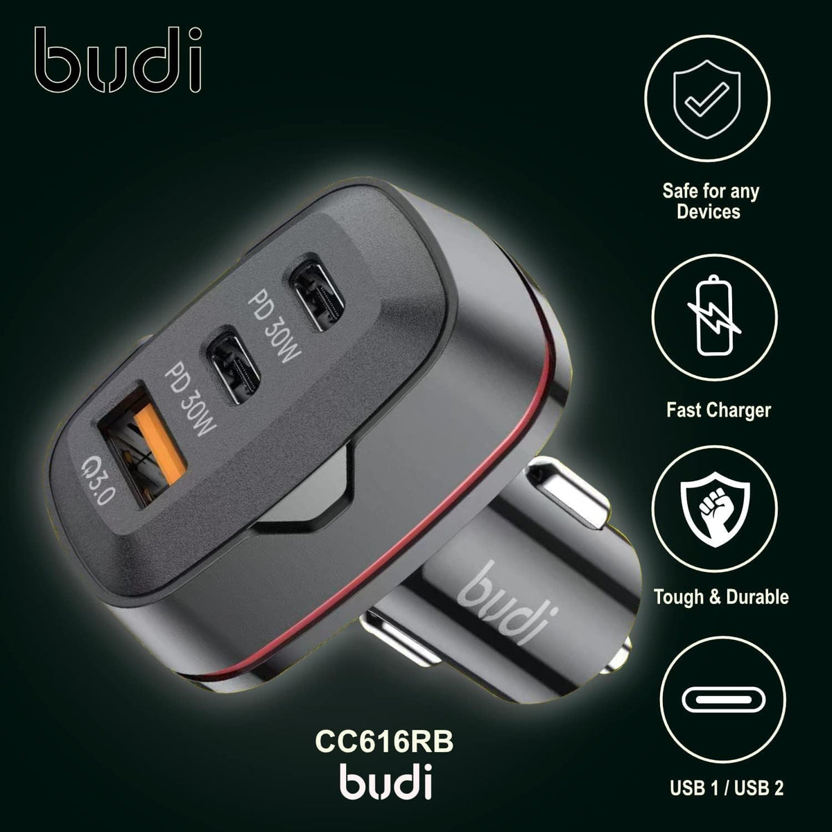 Budi 60W Dual USB-C PD & QC3.0 Car Charger: Fast & Efficient Charging for All Devices