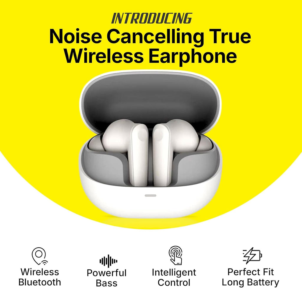 BUDI Noise Cancelling True Wireless Earphones - Adaptive ANC up to –25dB - Bluetooth 5.0 | Powerful Bass & Pure Sound - Touch Control | Charging Case - Compatible with iOS & Android – White
