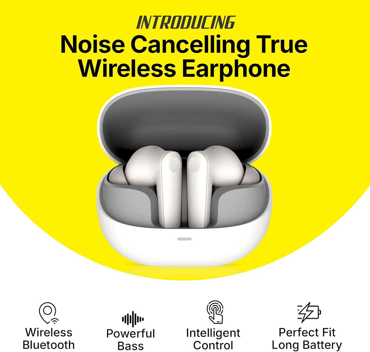 BUDI Noise Cancelling True Wireless Earphones - Adaptive ANC up to –25dB - Bluetooth 5.0 | Powerful Bass & Pure Sound - Touch Control | Charging Case - Compatible with iOS & Android – White