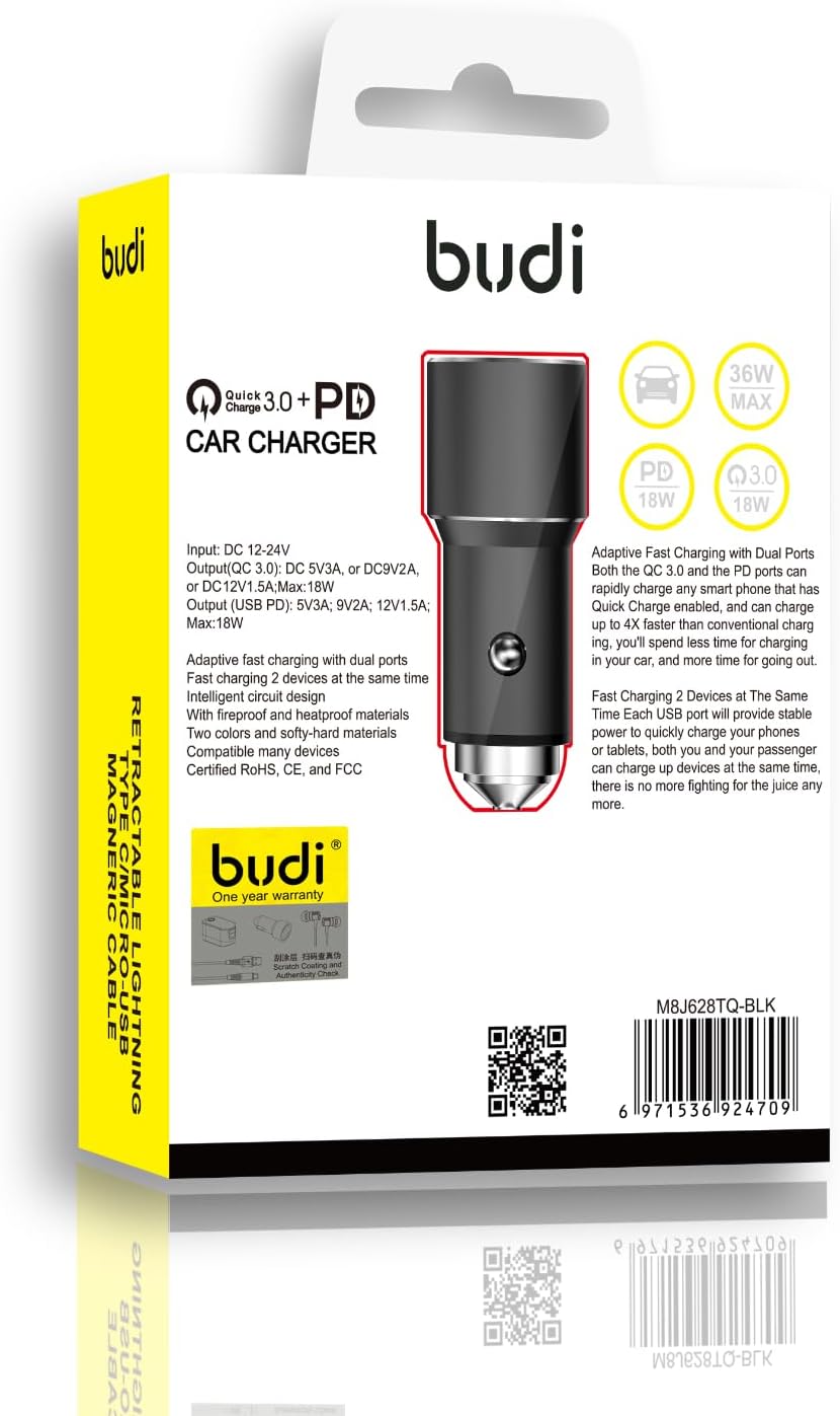 Samsung Car Charger, Budi 18PD Dual Port Fast USB C Car Charger 36W Aluminium Adaptor USB C Cable for Samsung Galaxy S20/S22