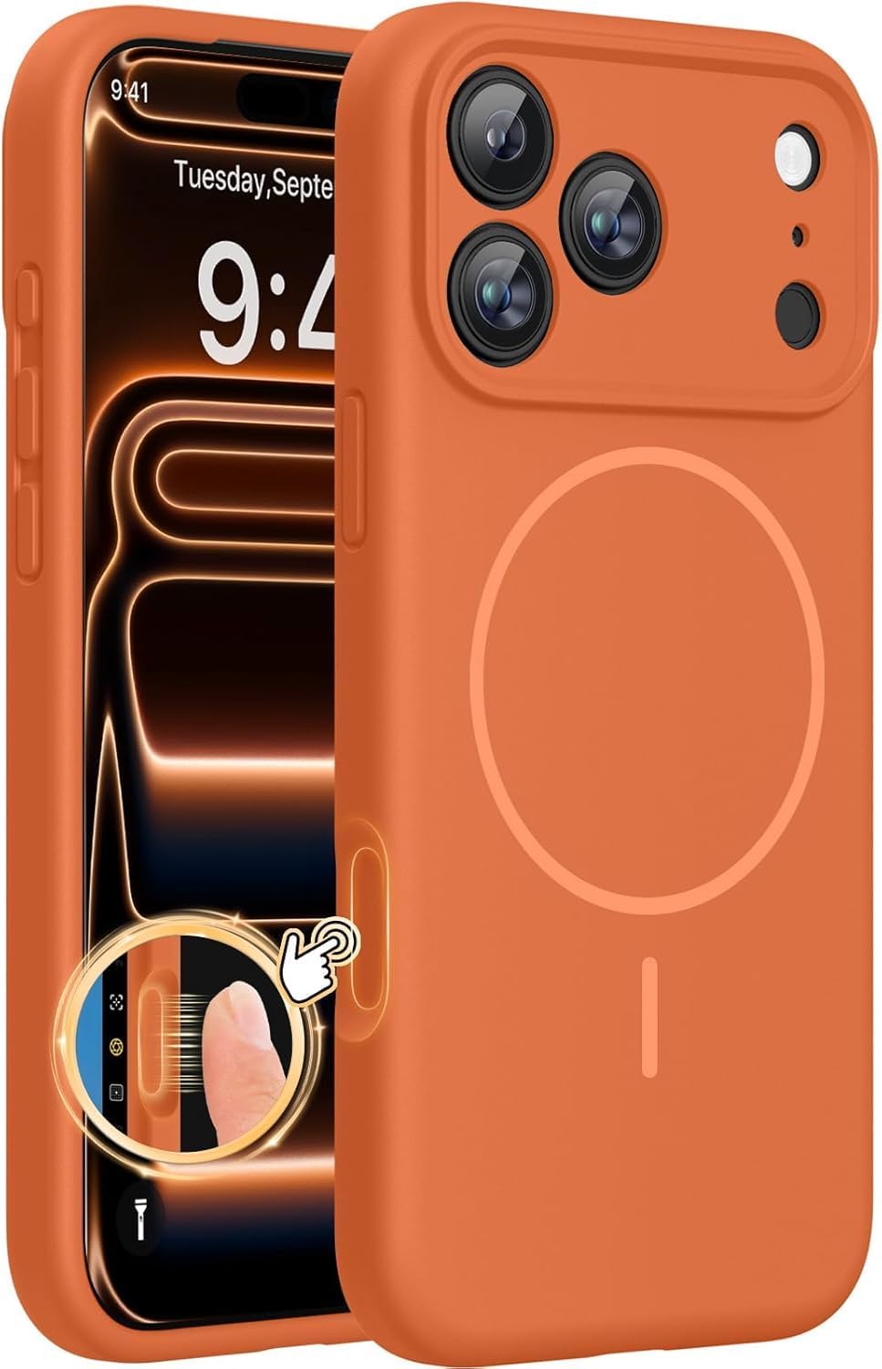 J&S MagSafe Compatible Case for iPhone 17 Pro, Orange Carbon Fiber Texture, Magnetic Wireless Charging, Camera Protection, TPU and PC Dual-Layer Construction