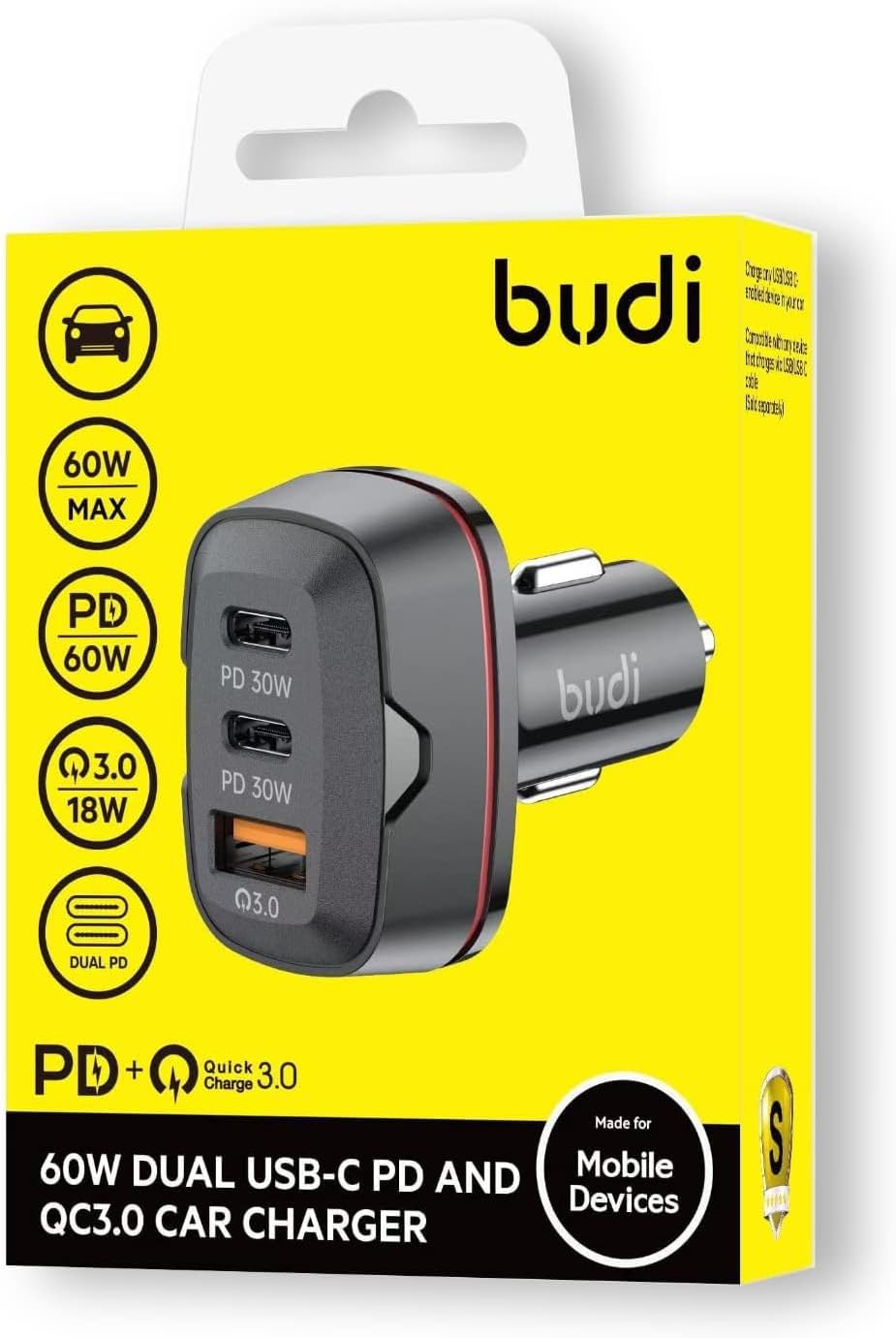 Budi 60W Dual USB-C PD & QC3.0 Car Charger: Fast & Efficient Charging for All Devices