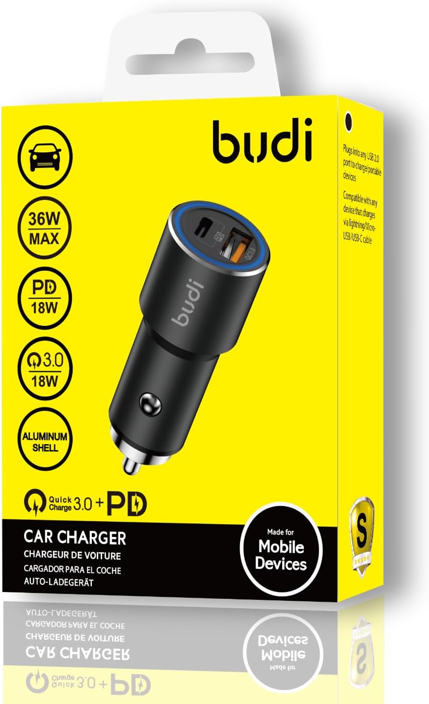 Samsung Car Charger, Budi 18PD Dual Port Fast USB C Car Charger 36W Aluminium Adaptor USB C Cable for Samsung Galaxy S20/S22