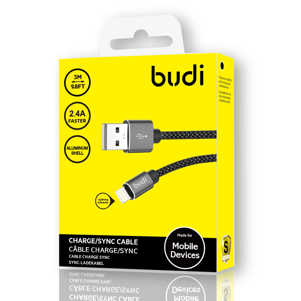 Budi 3 Meter Naylon Braided Fast Charge USB A to Lightning Charging Cable
