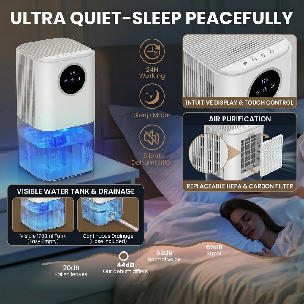 Small Dehumidifier for Home, 1700ml Capacity Portable Dehumidifiers (pearl white)