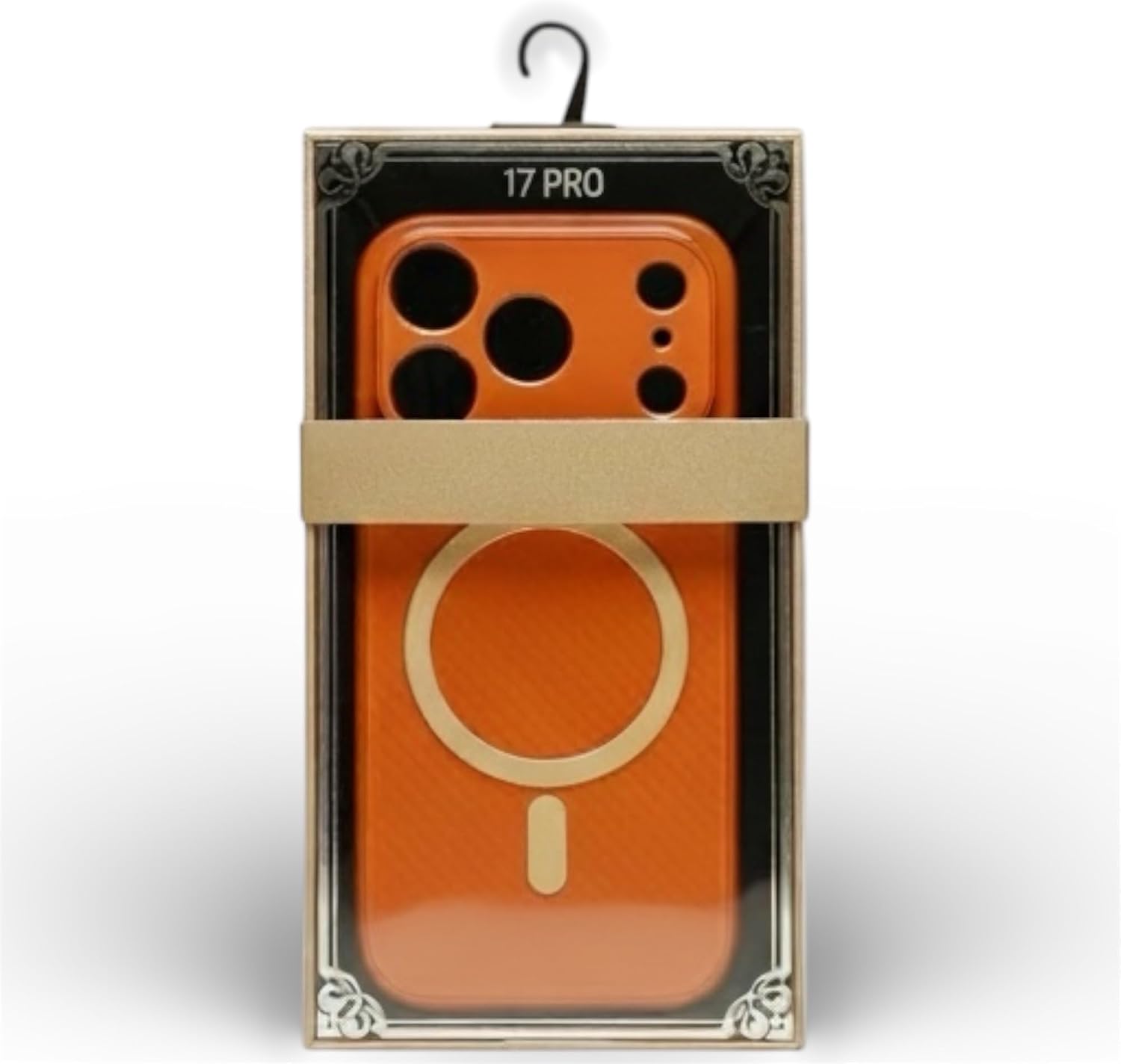 J&S MagSafe Compatible Case for iPhone 17 Pro, Orange Carbon Fiber Texture, Magnetic Wireless Charging, Camera Protection, TPU and PC Dual-Layer Construction