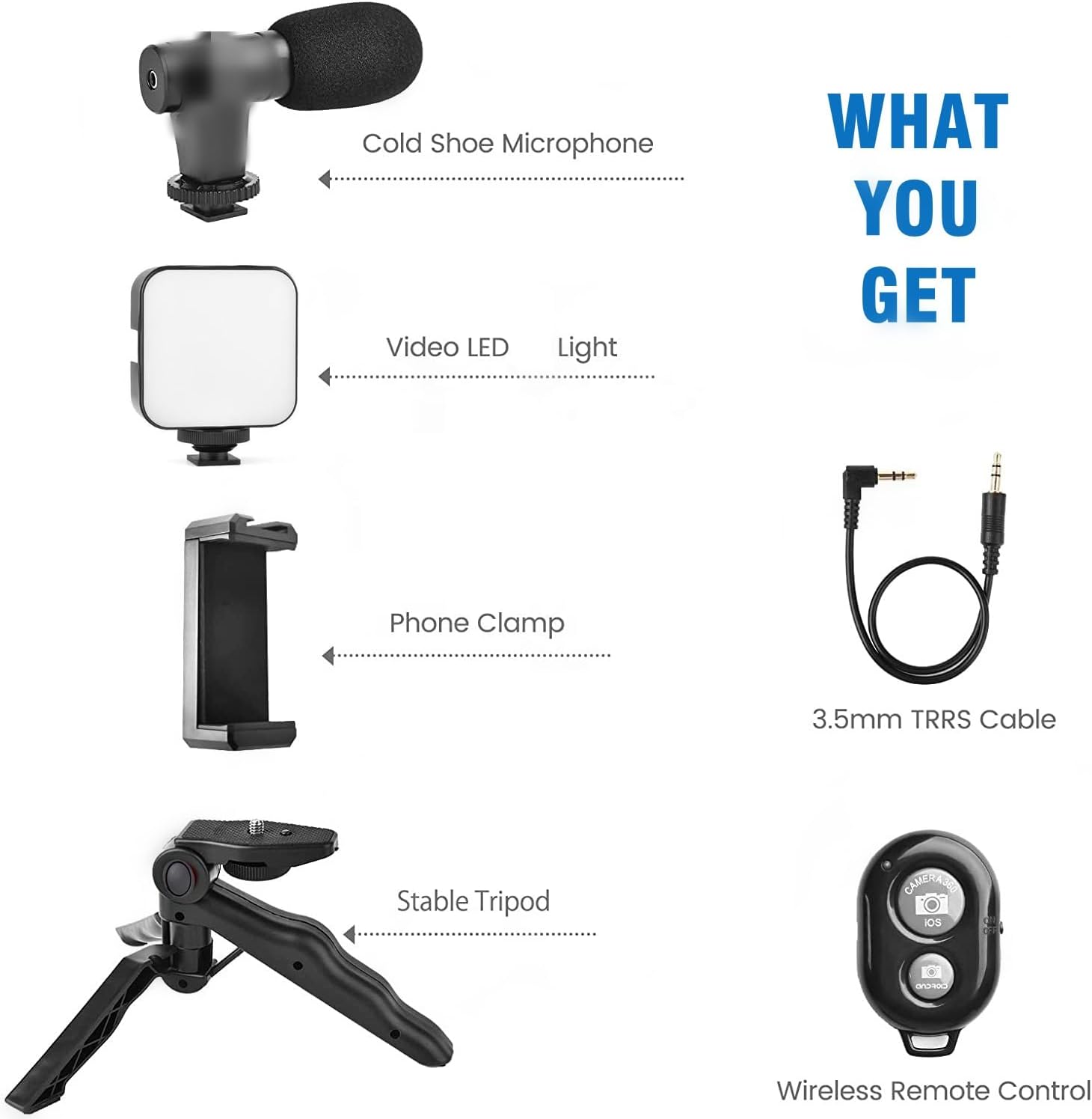 J&S Vlogging Kit with Smartphone Tripod, LED Light, Wireless Remote and Microphone, Portable Camera Phone Stand|suitable for vlog beginner|Smart phone video making kit.