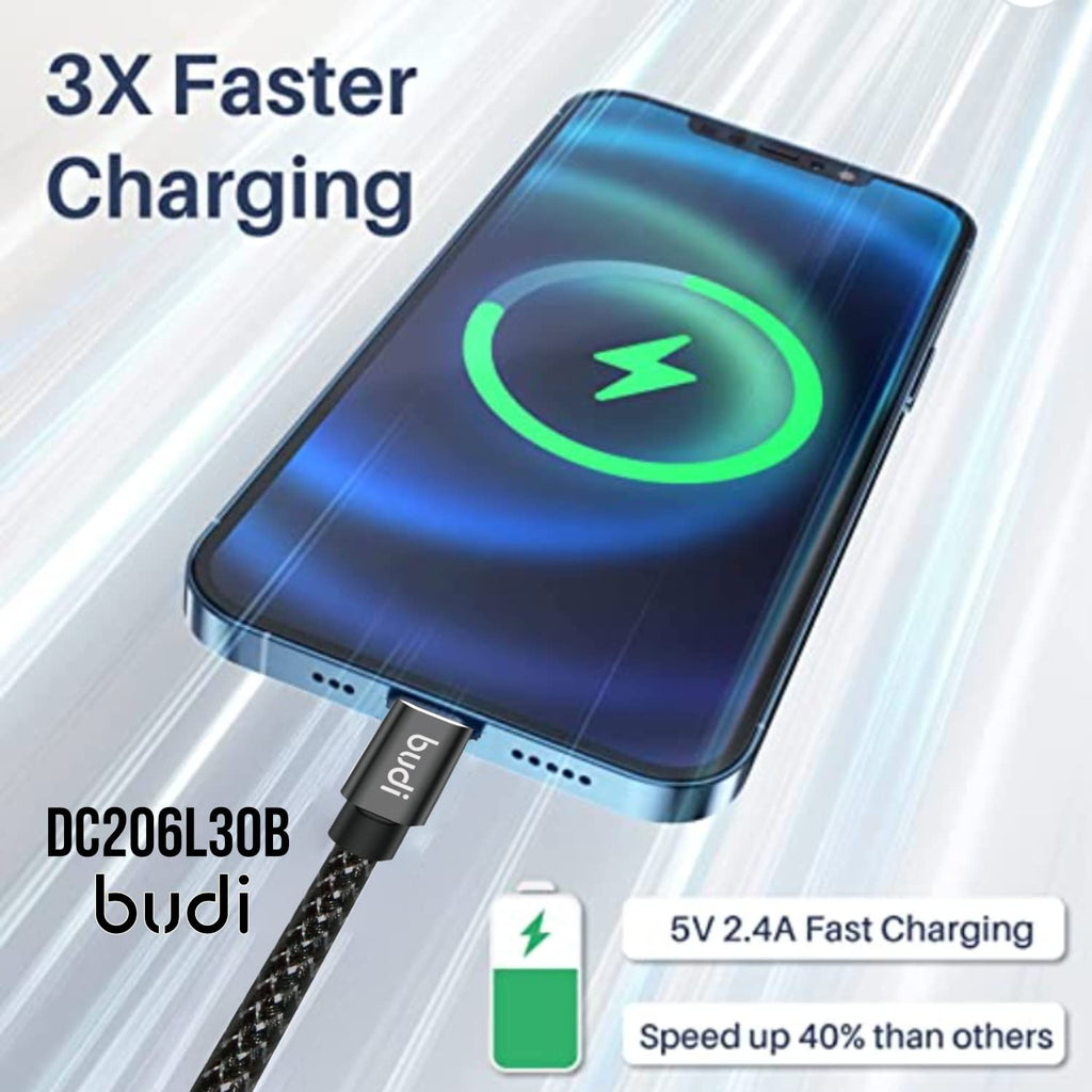 Budi 3 Meter Naylon Braided Fast Charge USB A to Lightning Charging Cable