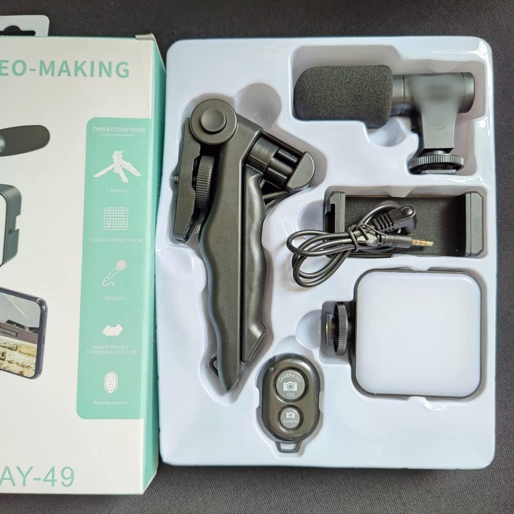 J&S Vlogging Kit with Smartphone Tripod, LED Light, Wireless Remote and Microphone, Portable Camera Phone Stand|suitable for vlog beginner|Smart phone video making kit.
