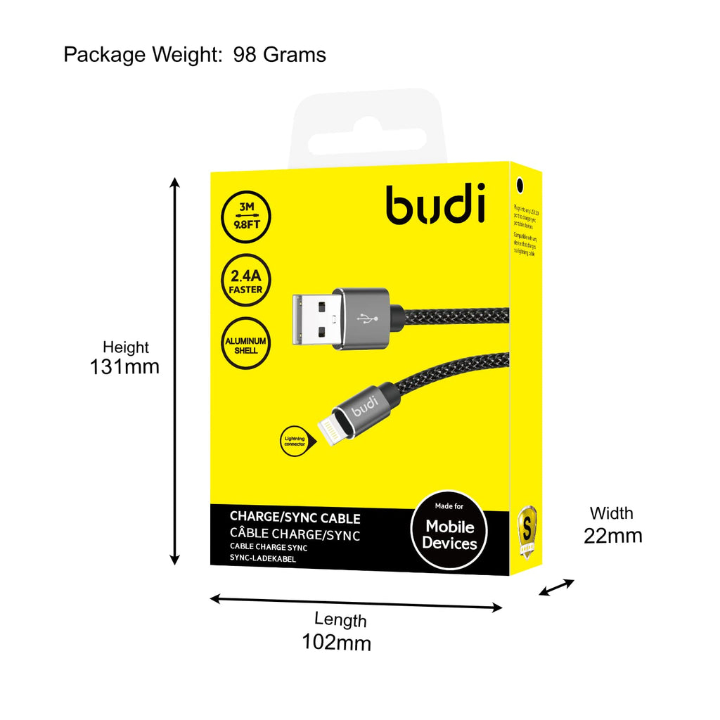 Budi 3 Meter Naylon Braided Fast Charge USB A to Lightning Charging Cable