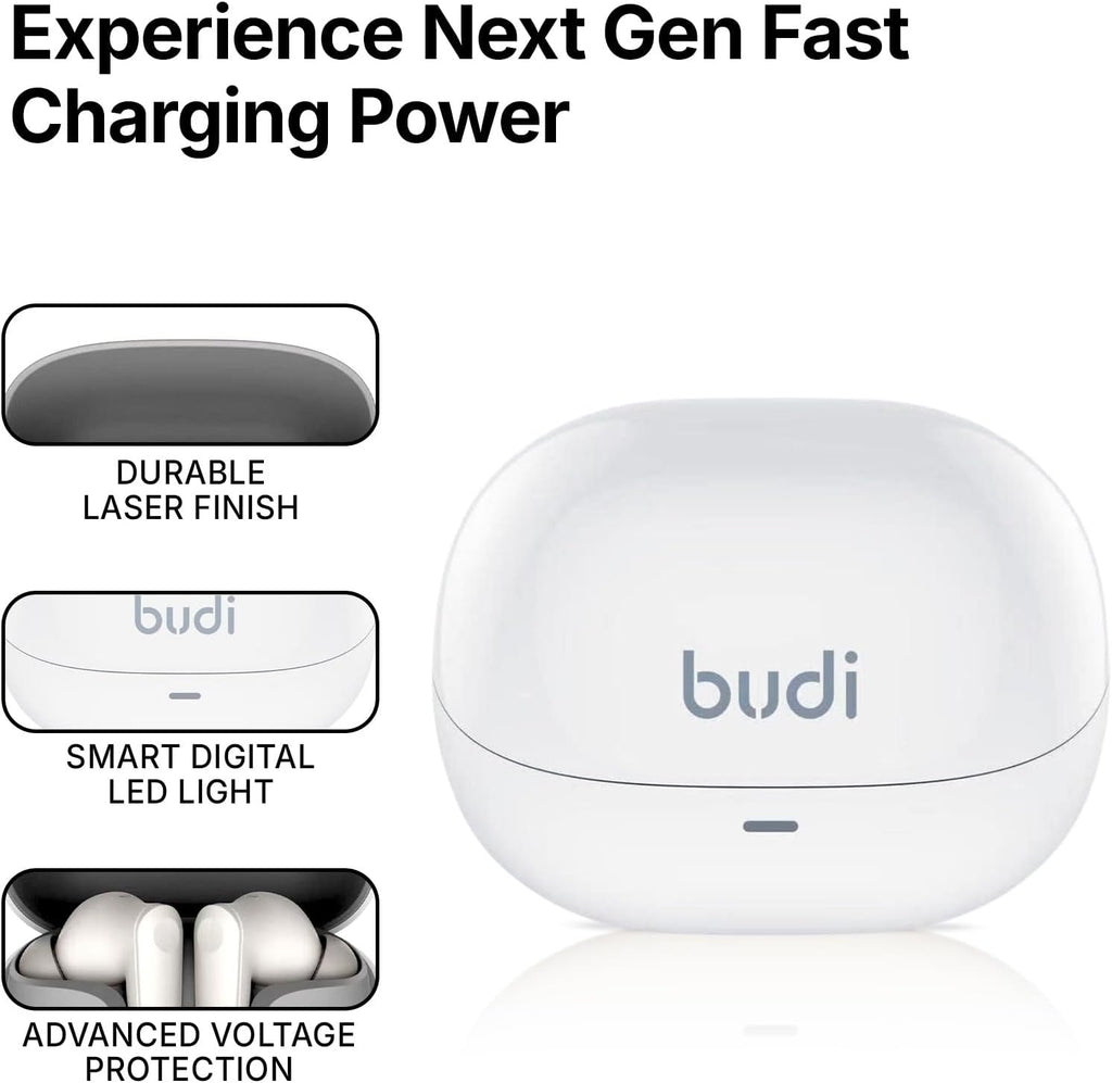 BUDI Noise Cancelling True Wireless Earphones - Adaptive ANC up to –25dB - Bluetooth 5.0 | Powerful Bass & Pure Sound - Touch Control | Charging Case - Compatible with iOS & Android – White