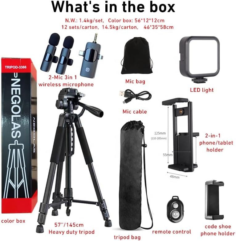 57'' Tripod Stand foldable 3 in 1 Wireless Microphone LED Light professional Video Vlogging Kit for YouTube TikTok instagram Starter Phone Camera Live Recording
