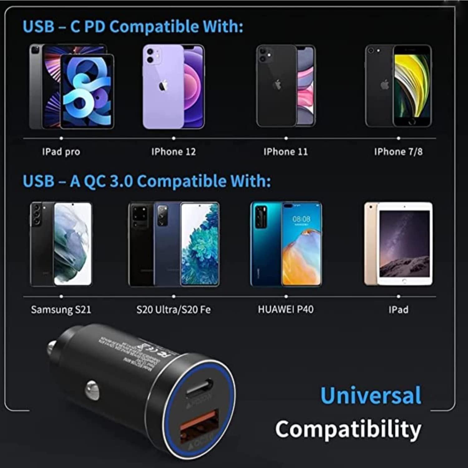 Samsung Car Charger, Budi 18PD Dual Port Fast USB C Car Charger 36W Aluminium Adaptor USB C Cable for Samsung Galaxy S20/S22