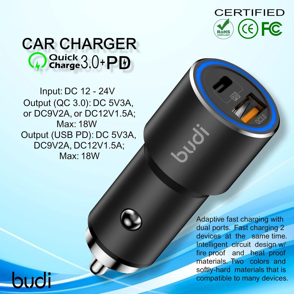 Samsung Car Charger, Budi 18PD Dual Port Fast USB C Car Charger 36W Aluminium Adaptor USB C Cable for Samsung Galaxy S20/S22