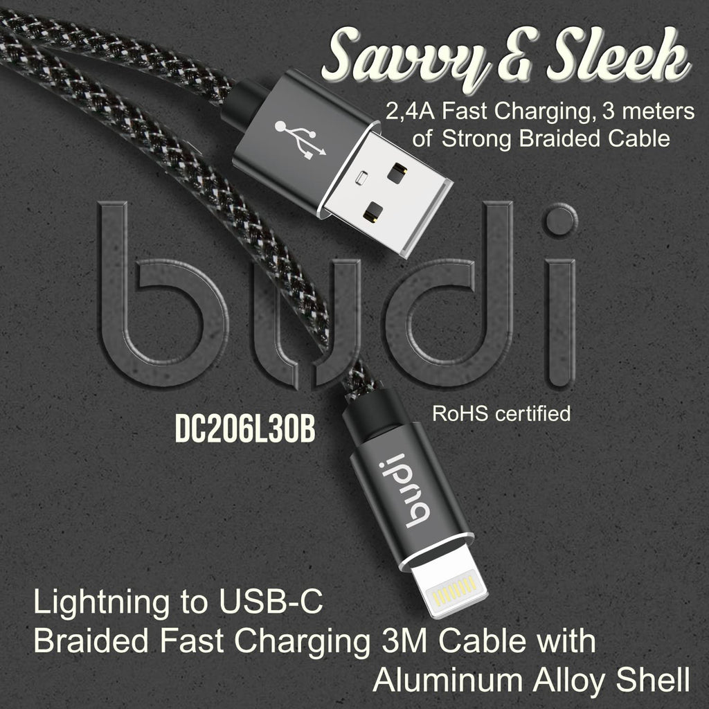 Budi 3 Meter Naylon Braided Fast Charge USB A to Lightning Charging Cable