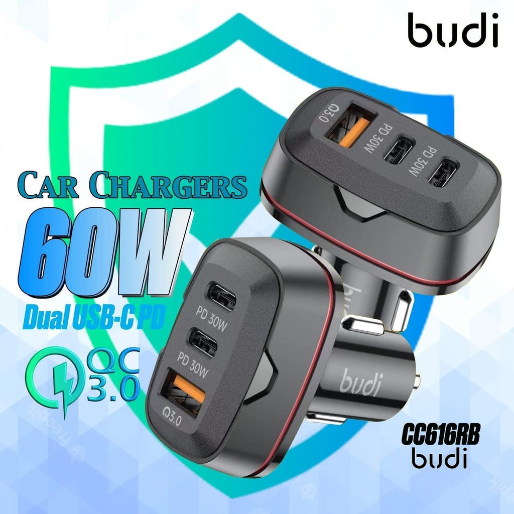 Budi 60W Dual USB-C PD & QC3.0 Car Charger: Fast & Efficient Charging for All Devices