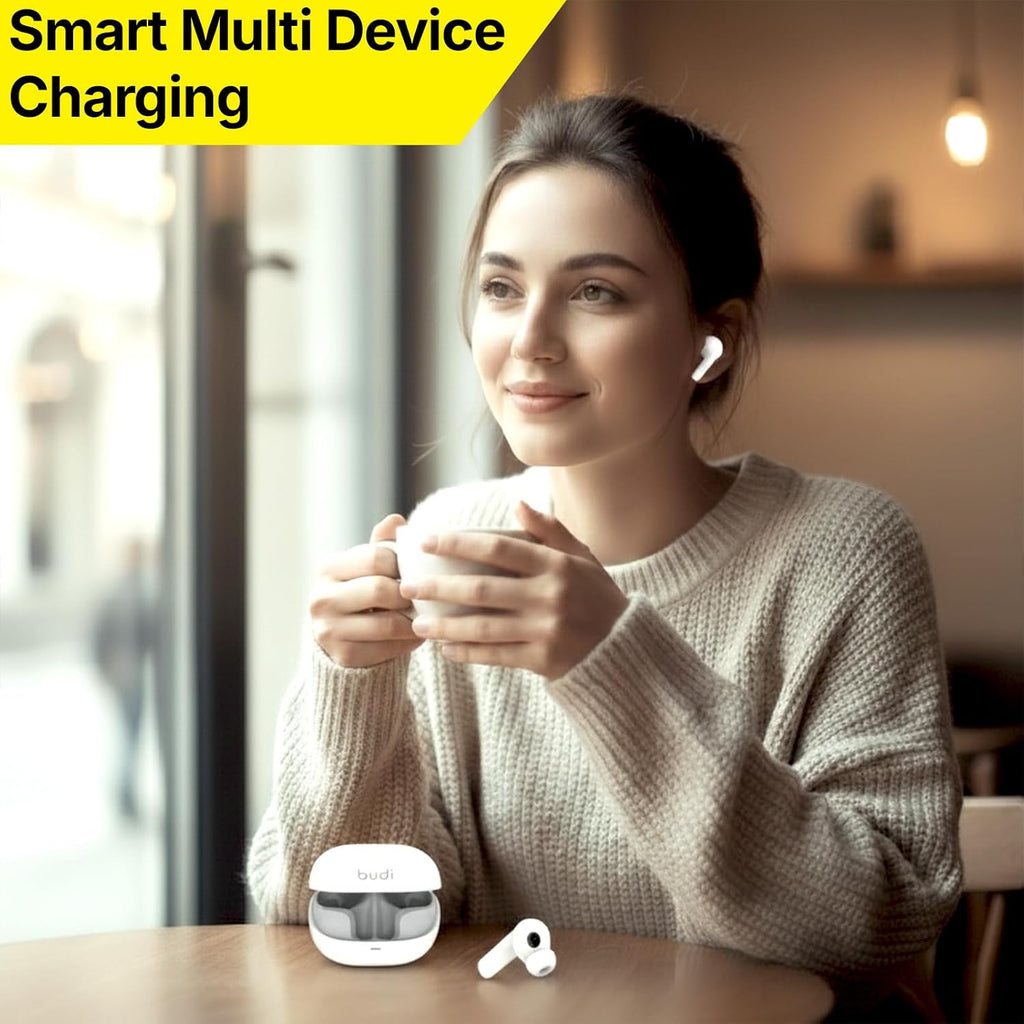 BUDI Noise Cancelling True Wireless Earphones - Adaptive ANC up to –25dB - Bluetooth 5.0 | Powerful Bass & Pure Sound - Touch Control | Charging Case - Compatible with iOS & Android – White