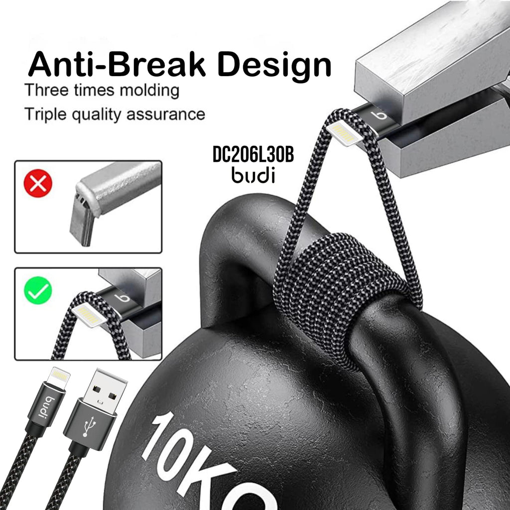 Budi 3 Meter Naylon Braided Fast Charge USB A to Lightning Charging Cable