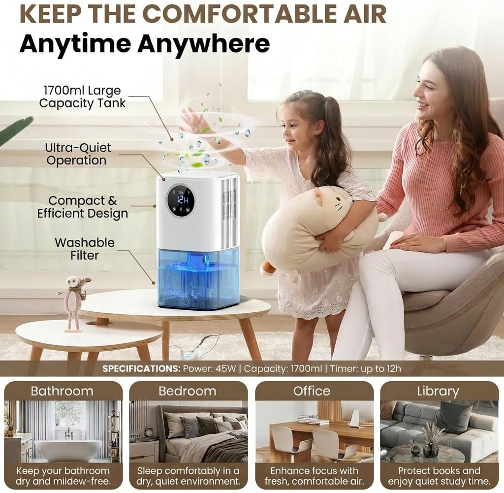 Small Dehumidifier for Home, 1700ml Capacity Portable Dehumidifiers (pearl white)