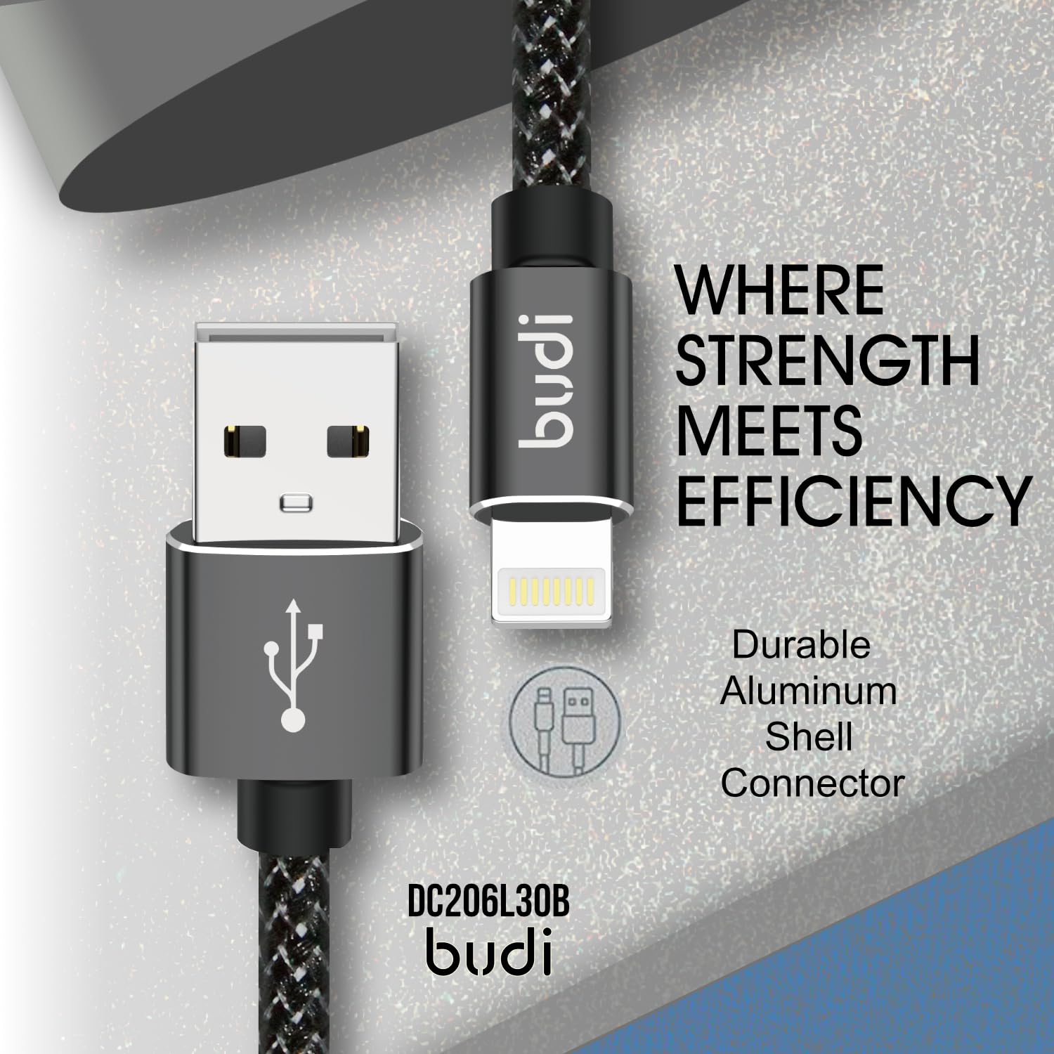 Budi 3 Meter Naylon Braided Fast Charge USB A to Lightning Charging Cable