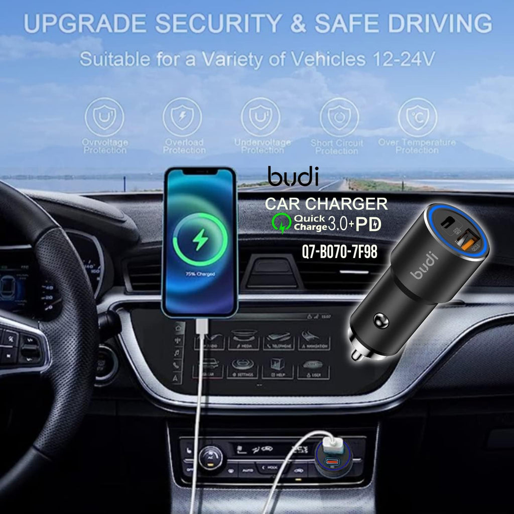 Samsung Car Charger, Budi 18PD Dual Port Fast USB C Car Charger 36W Aluminium Adaptor USB C Cable for Samsung Galaxy S20/S22