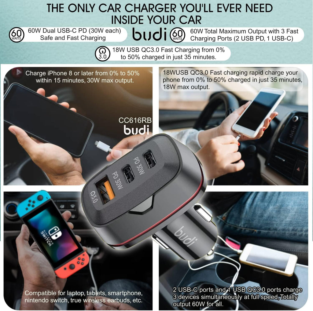 Budi 60W Dual USB-C PD & QC3.0 Car Charger: Fast & Efficient Charging for All Devices