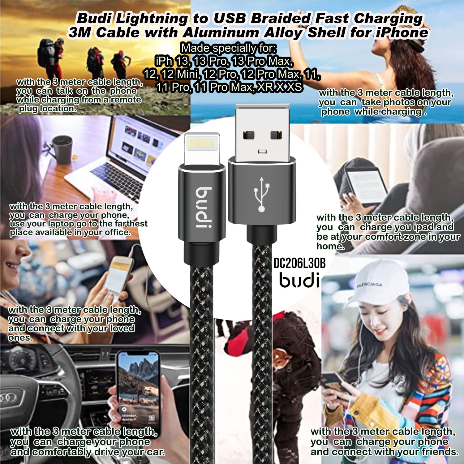 Budi 3 Meter Naylon Braided Fast Charge USB A to Lightning Charging Cable