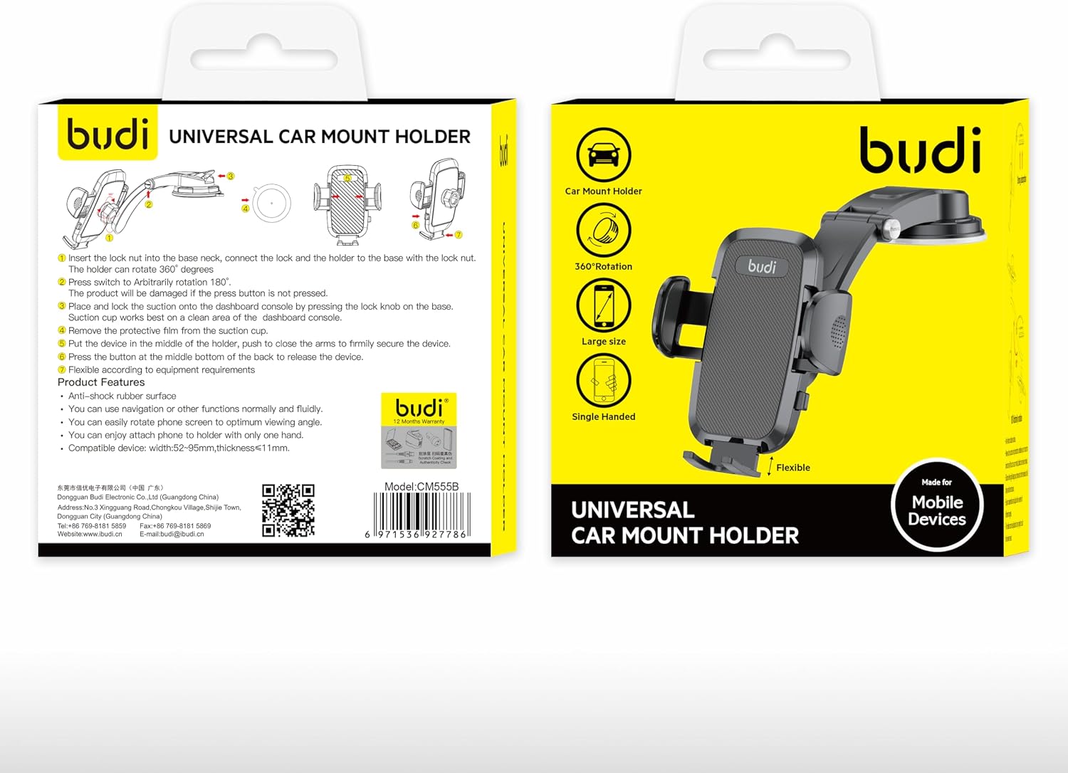 BUDI - Universal Car Mount Holder - for all phones, 360 rotation
