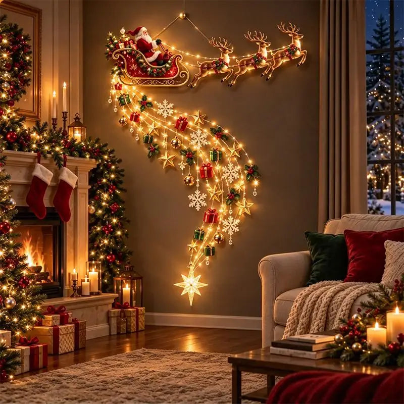 Christmas Magic Trail Wall Light-LED Glowing Christmas Scene Wall Decoration,Santa Sleigh Reindeer Hanging Decoration For Party